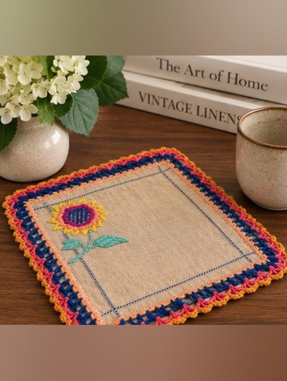 Vintage Handmade Linen Napkin Trivet Set of 4 Embroidered Crochet Floral 8x8